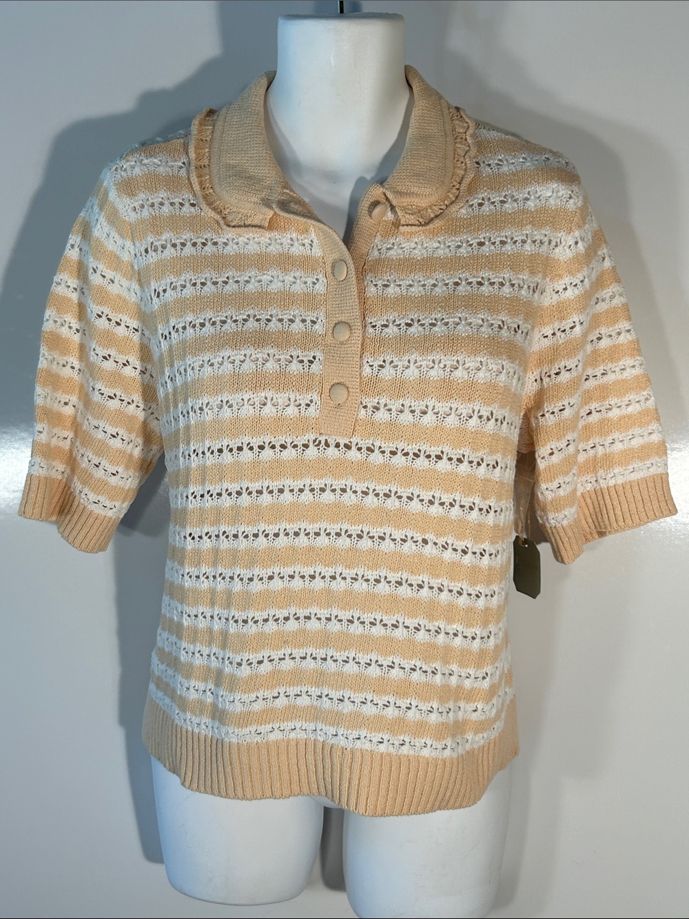 Ryegrass NWT SZ XL Beige & White Striped Knitted Polo Sweater Cottage Preppy